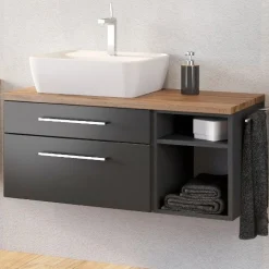 Waschbeckenschrank Dasa (links) 90cm mit 2 Schubladen - graphit/mattgrau