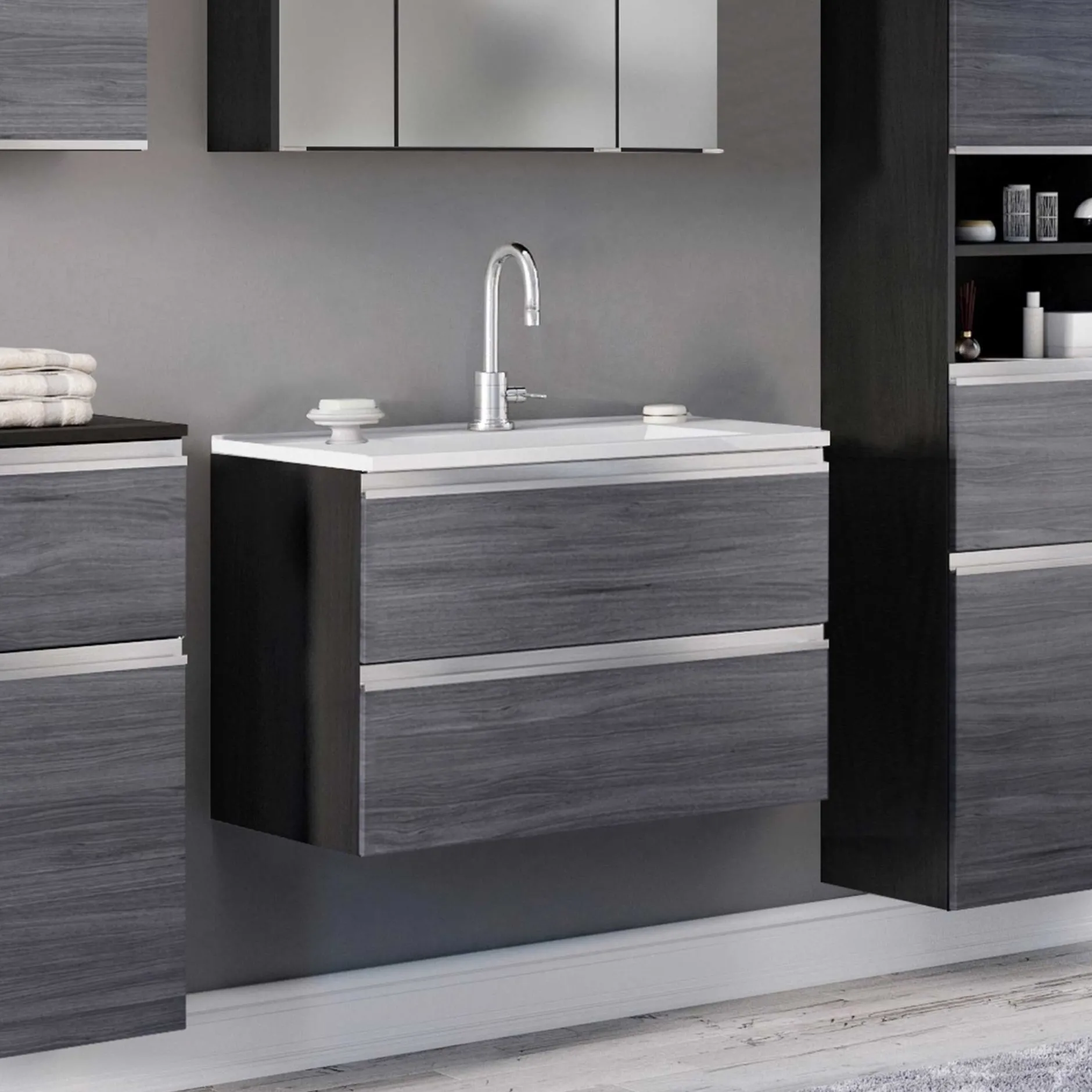 Waschbeckenschrank Lotuk 80cm 2 Schubladen - Eiche grau