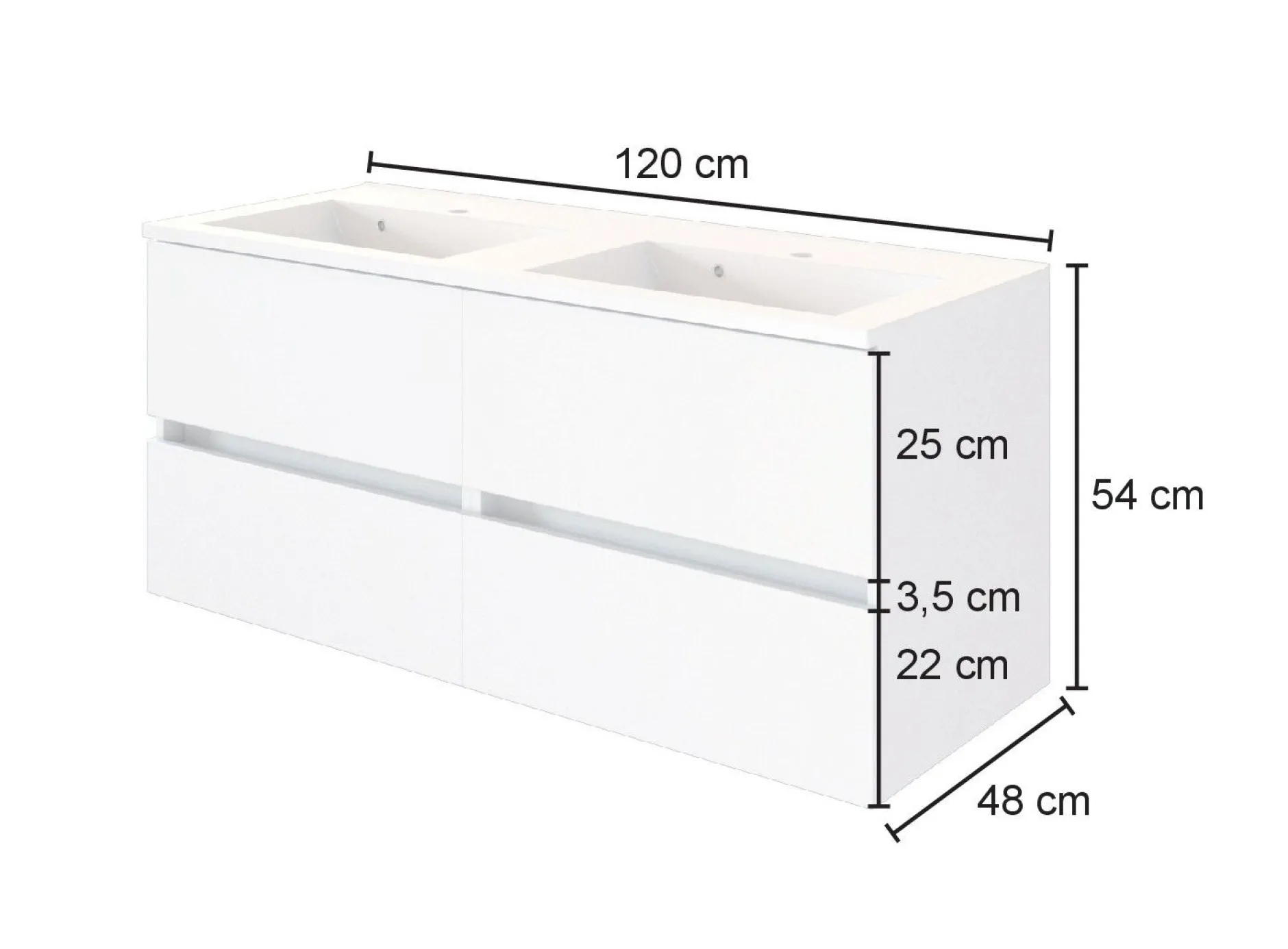 Waschbeckenschrank Luna 120cm mit Doppelwaschbecken und 4 Schubladen - Eiche/Weiß
