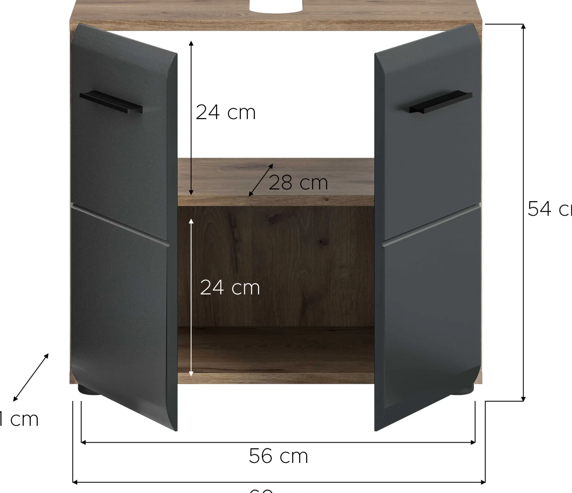 Waschbeckenunterschrank Ice Xonox 60x54x30 cm Mattschwarz/Nox Oak