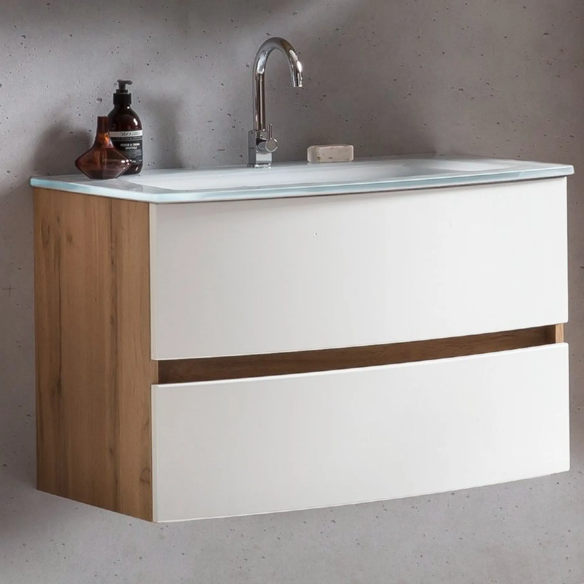 Waschbeckenunterschrank Kornel 80cm weißes Waschbecken - Eiche/mattweiß