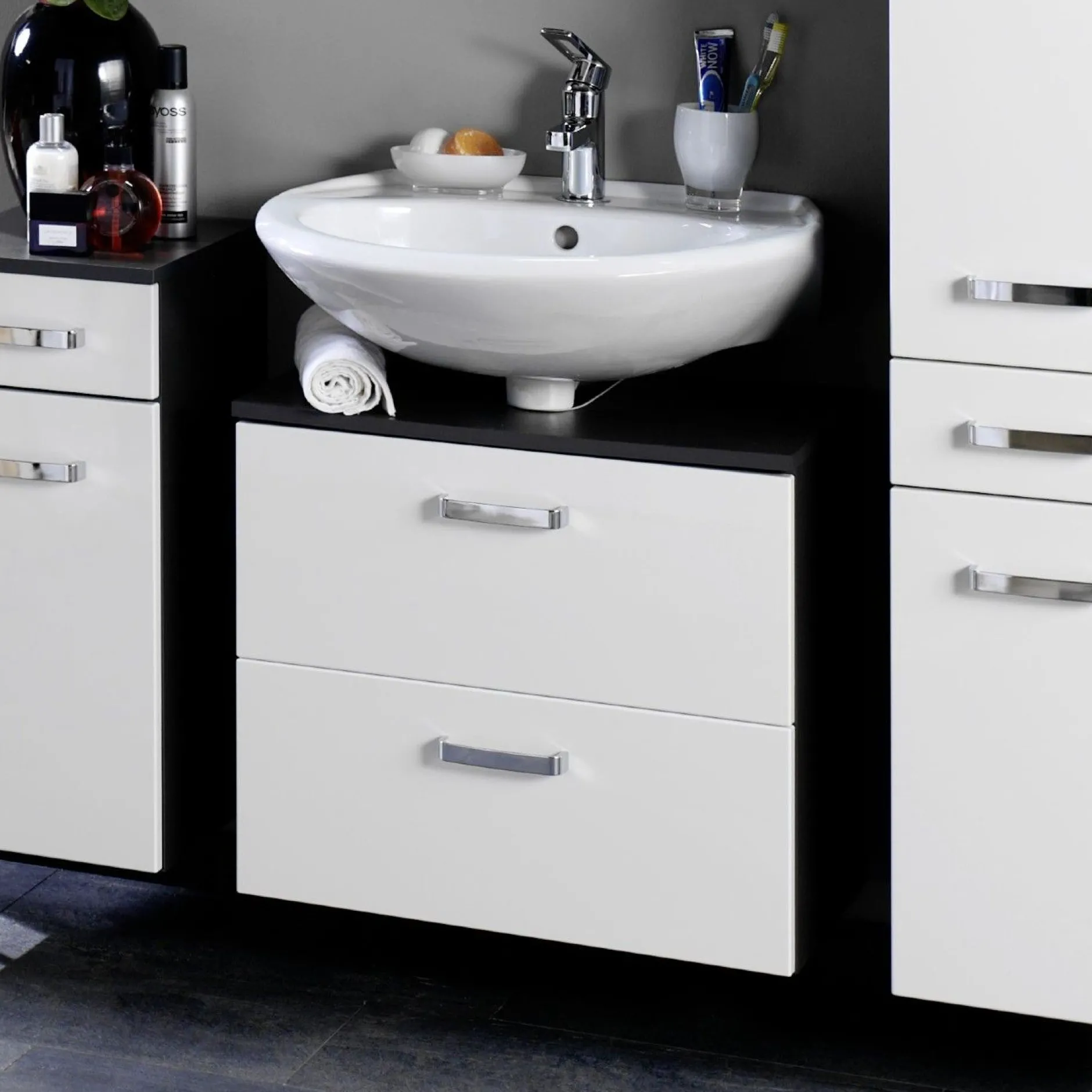 Waschtischunterschrank Bobbi 70cm 1 Tür und 1 Schublade - graphit/hochglanz-weiß