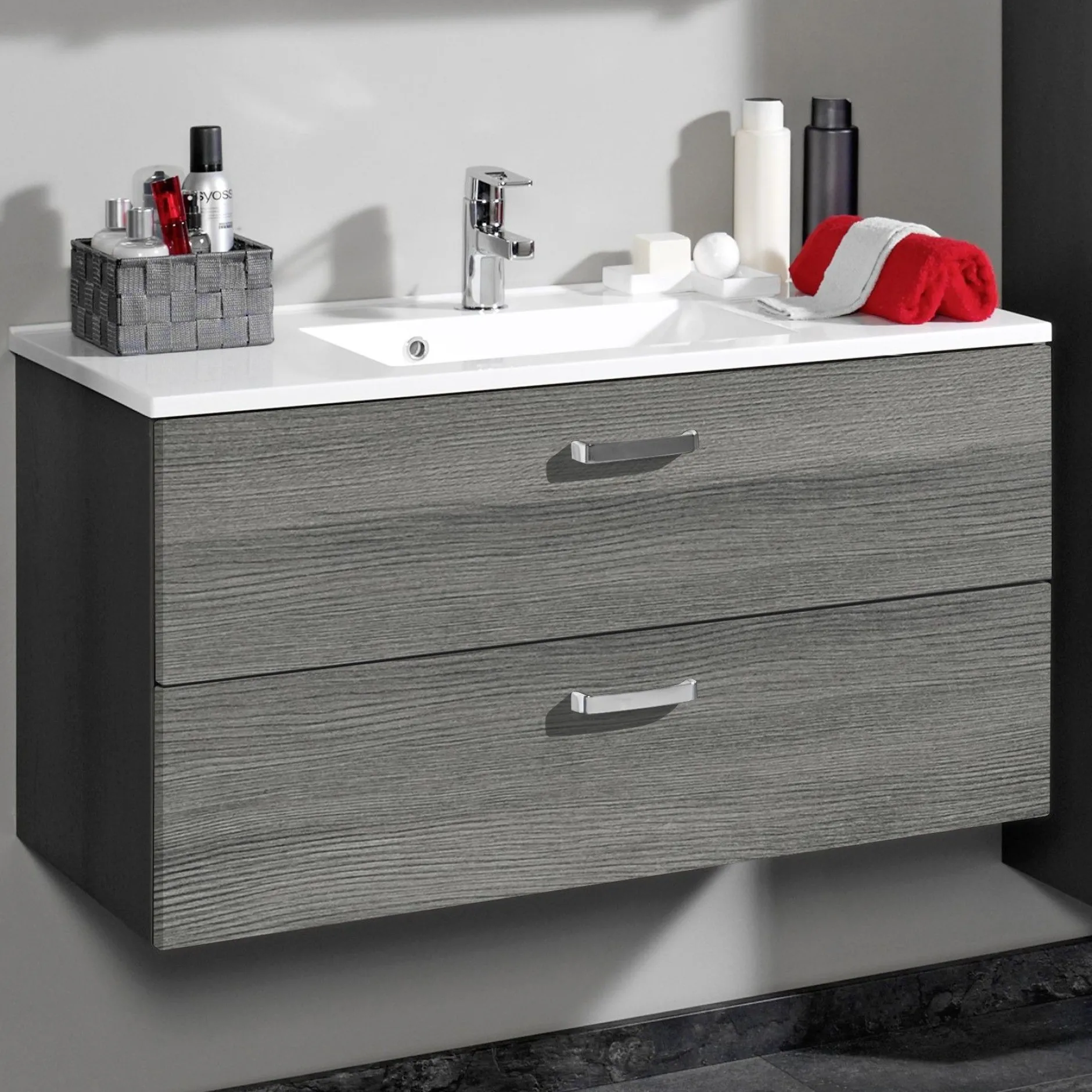 Waschtischunterschrank Bobbi 90cm 2 Schubladen - graphit/quecksilber