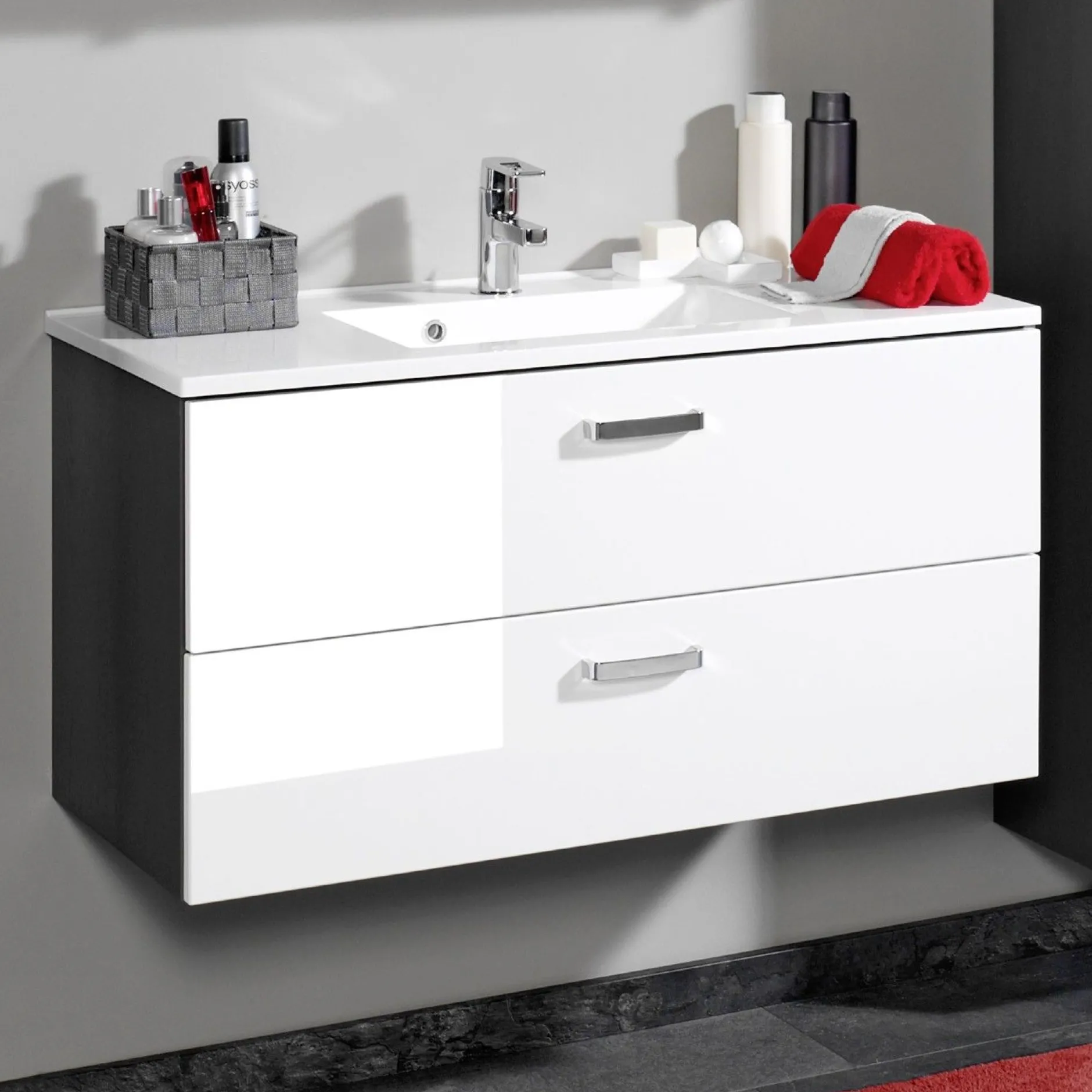 Waschtischunterschrank Bobbi 100cm 2 Schubladen - graphit/hochglanz-weiß
