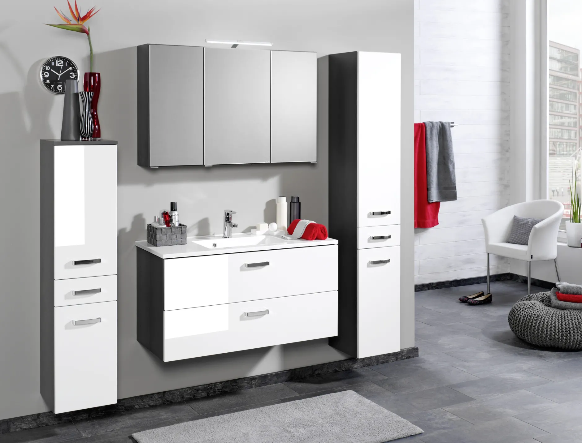 Waschtischunterschrank Bobbi 100cm 2 Schubladen - graphit/hochglanz-weiß