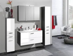 Waschtischunterschrank Bobbi 100cm mit 2 Schubladen und Keramikwaschbecken - graphit/hochglanz-weiß