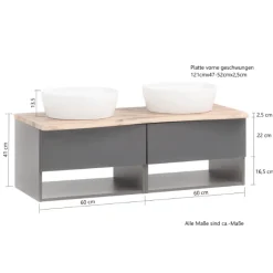 Waschtischunterschrank Karan 121cm mit 2 Waschbecken und 2 Schubladen - anthrazit/eiche