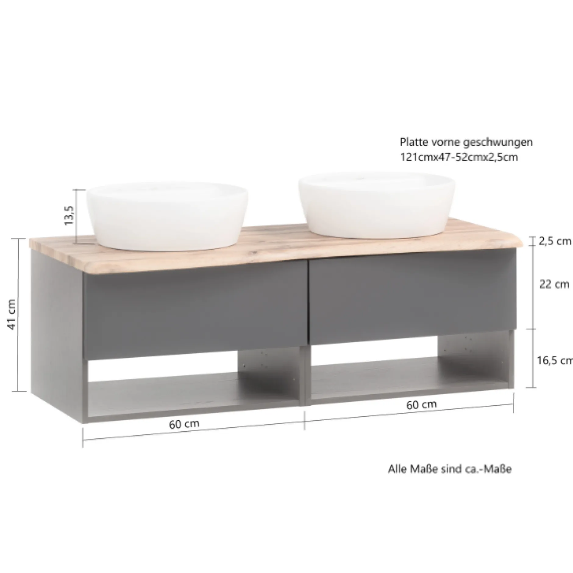 Waschtischunterschrank Karan 121cm mit 2 Waschbecken und 2 Schubladen - anthrazit/eiche