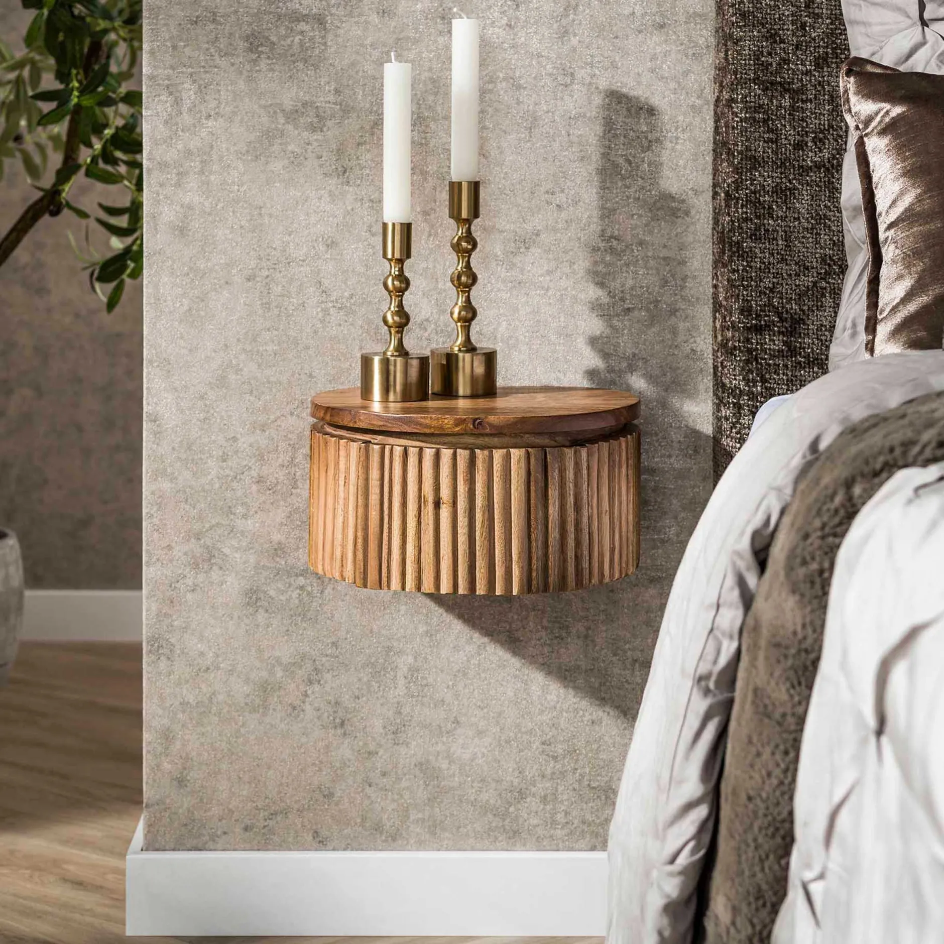 Wave XS Runder Nachttisch mit 1 Schublade - Massiv Mango Sand