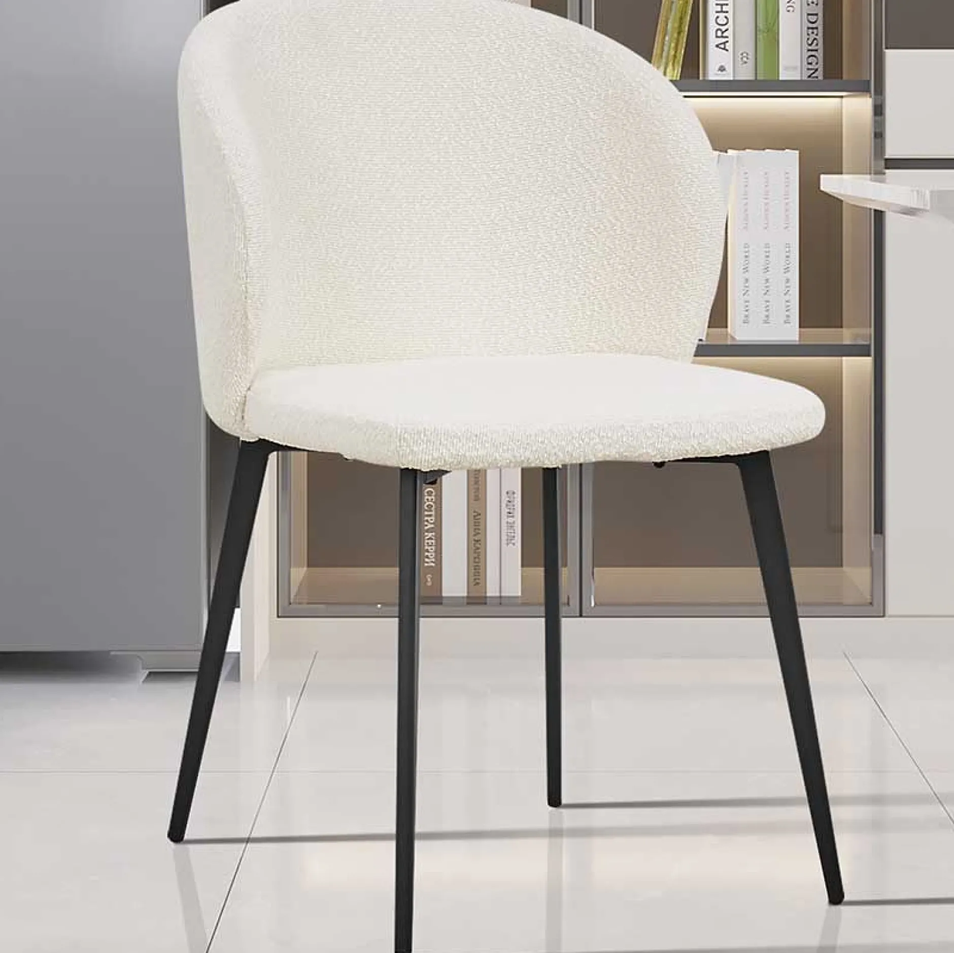 Weißer Bouclé-Stuhl Toledo | Metallbeine | H80 x B51 x T55 cm