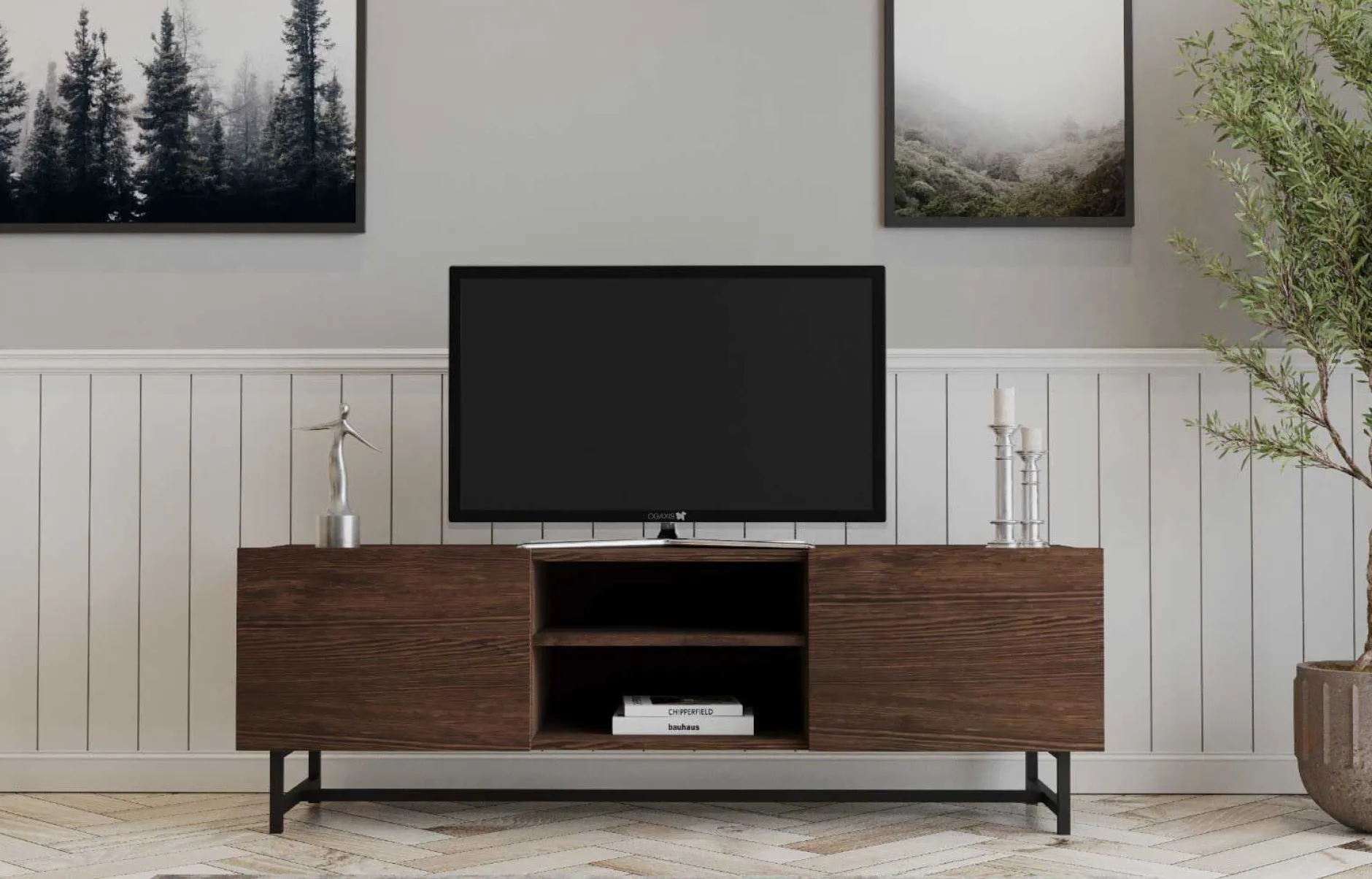 Wood TV-Ständer | METALLRAHMEN | Walnuss