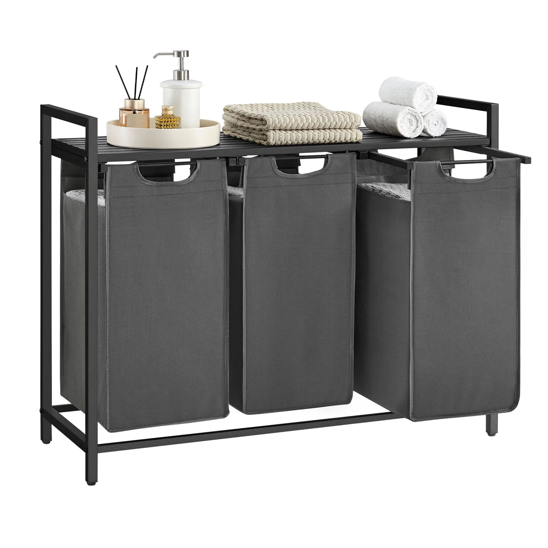 Wäschekorb mit Regal Polly | Drei Fächer | 92,5 x 33 x 72 cm | Grau