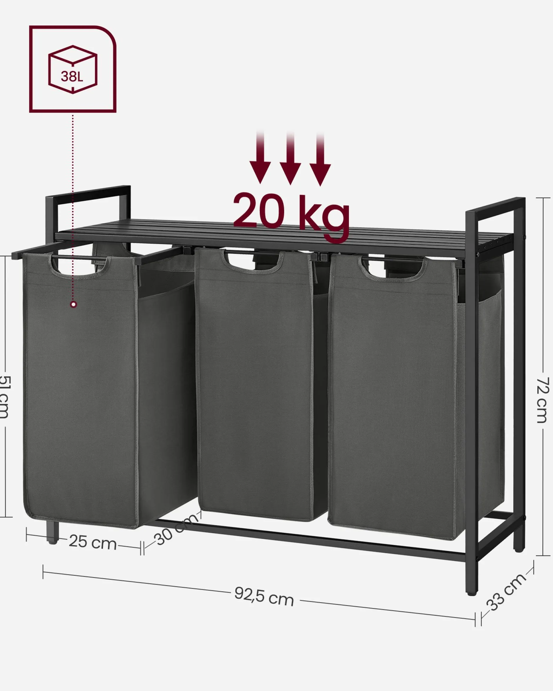 Wäschekorb mit Regal Polly | Drei Fächer | 92,5 x 33 x 72 cm | Grau