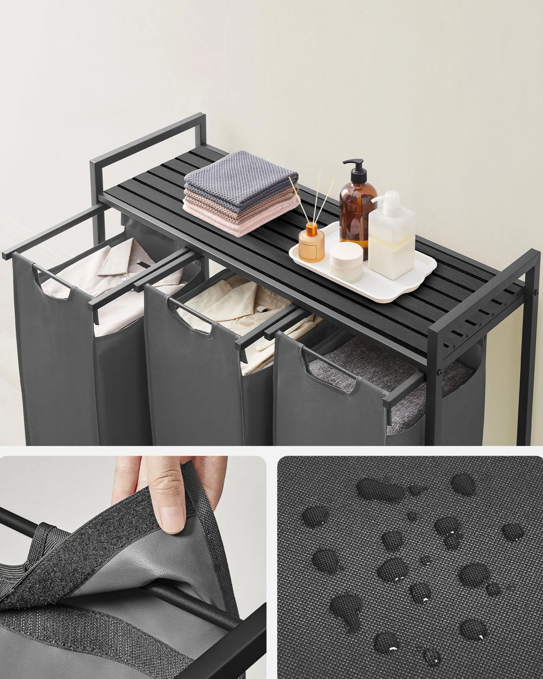 Wäschekorb mit Regal Polly | Drei Fächer | 92,5 x 33 x 72 cm | Grau