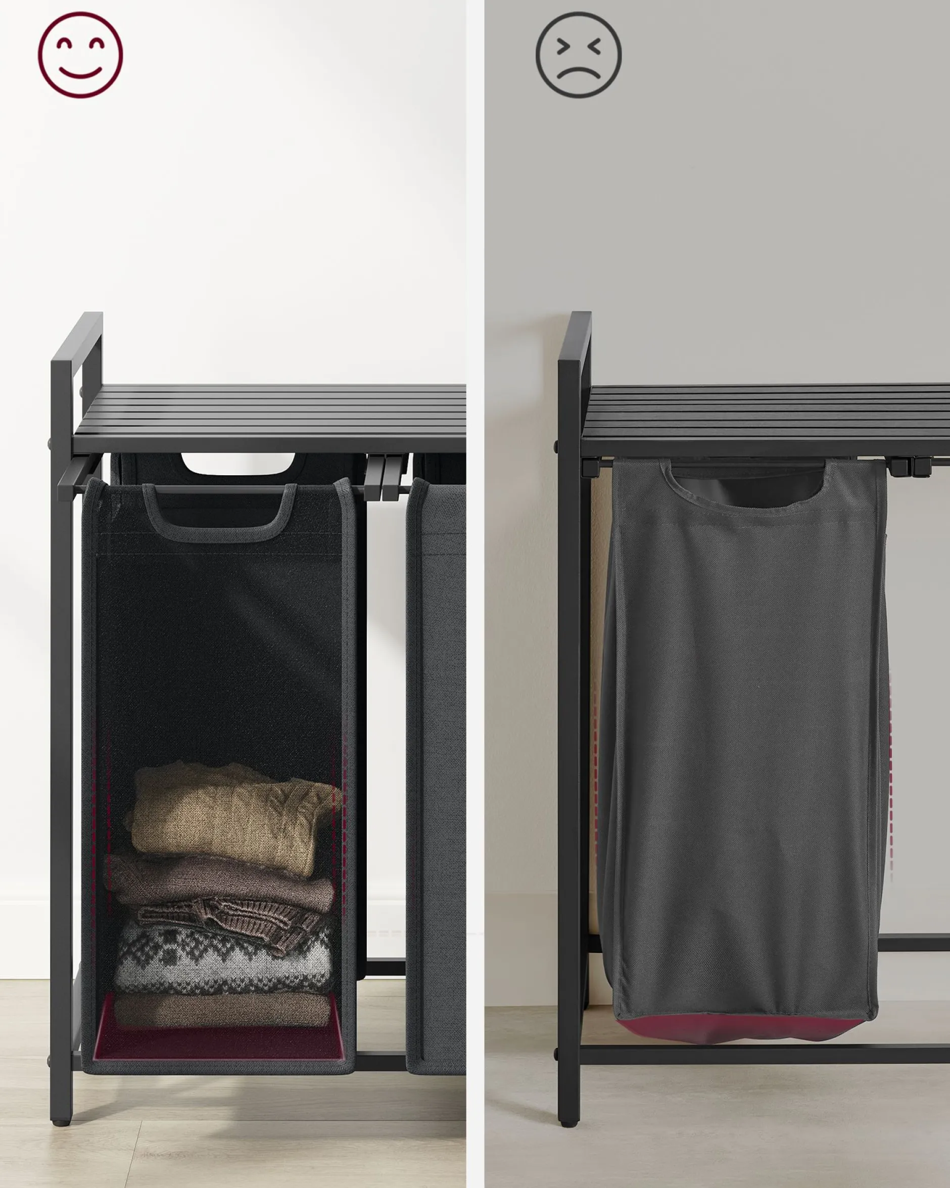 Wäschekorb mit Regal Polly | Drei Fächer | 92,5 x 33 x 72 cm | Grau