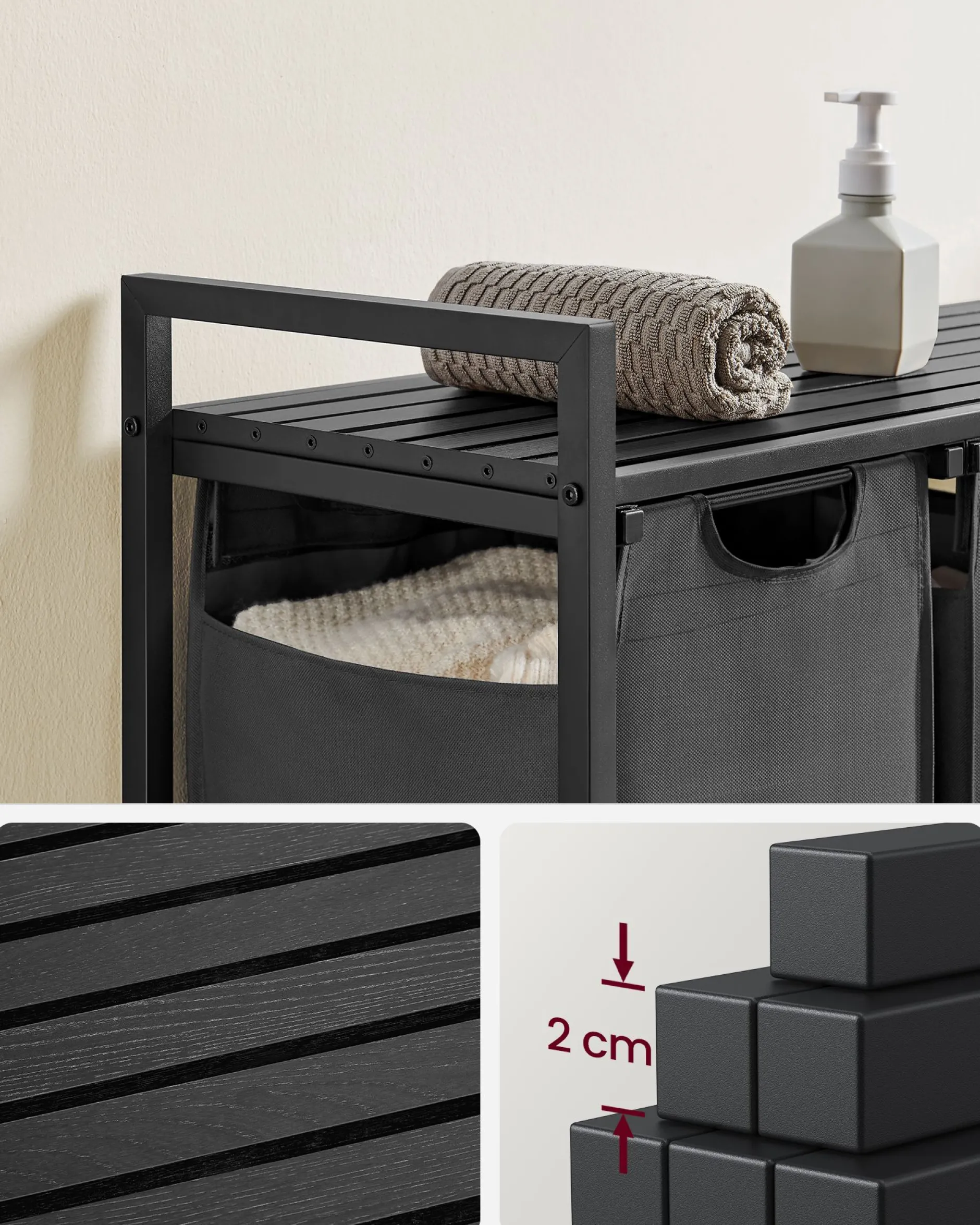 Wäschekorb mit Regal Polly | Drei Fächer | 92,5 x 33 x 72 cm | Grau