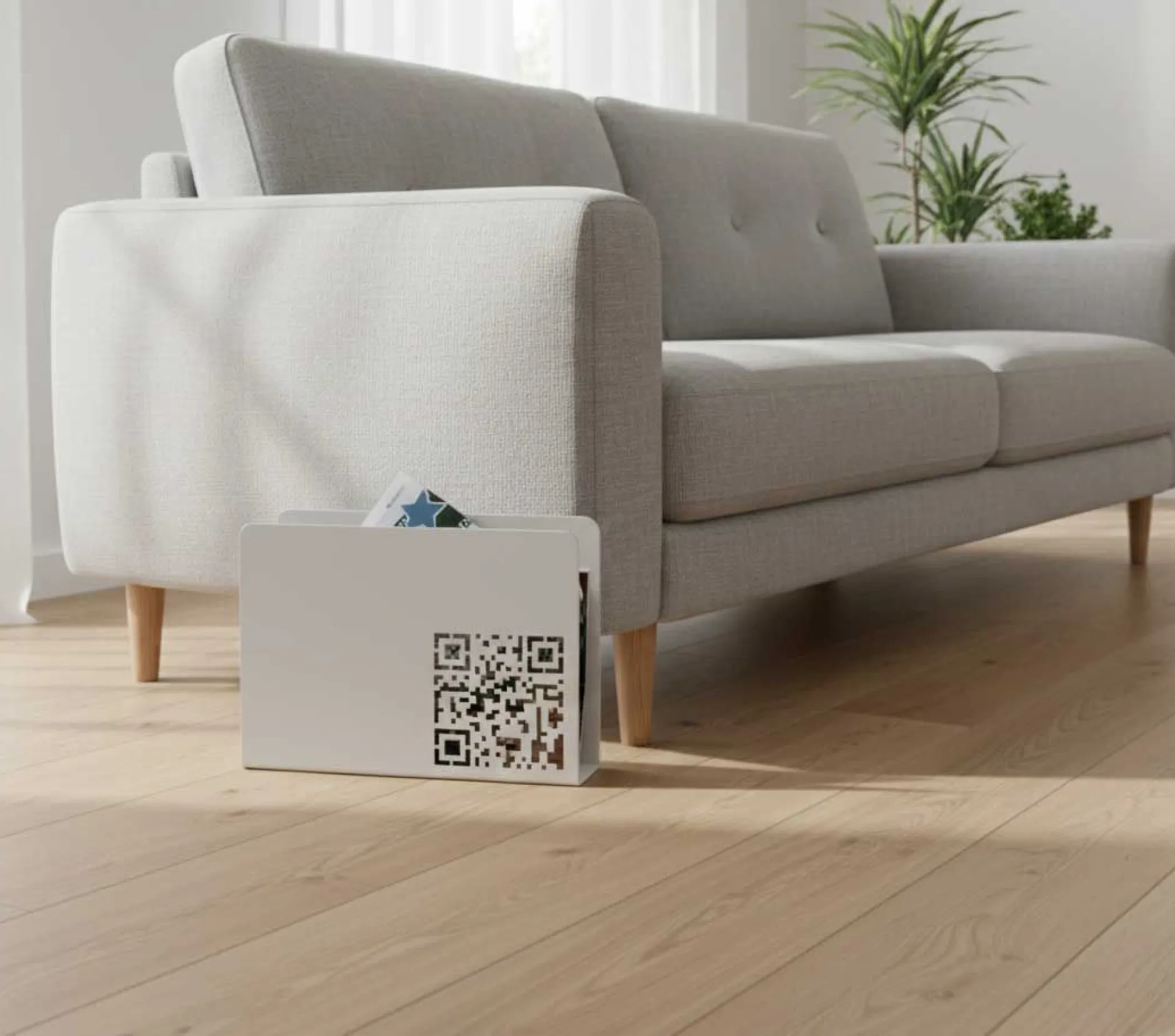 Zeitschriftenständer | 35 x 10 x 26 cm | Weiß, QR-Code-Design