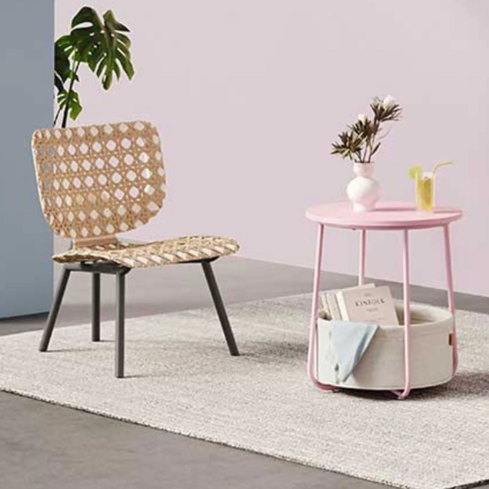 Zoë Beistelltisch mit Korb ø45cm - rosa/weiß