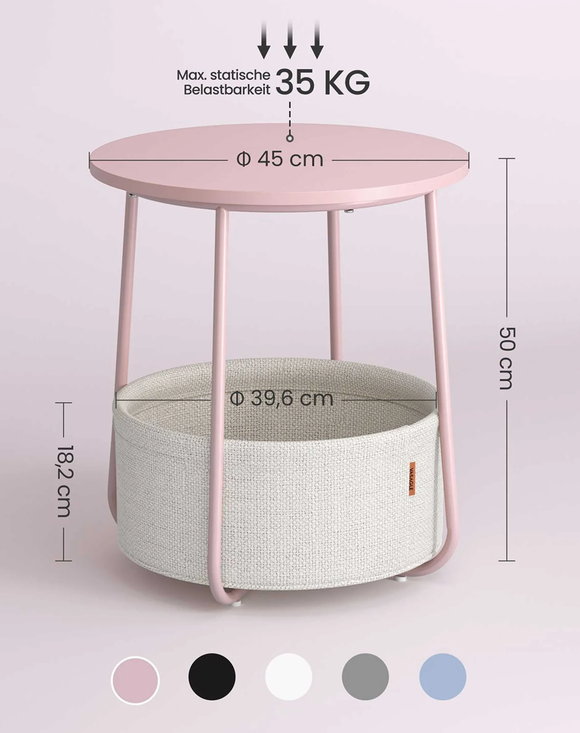 Zoë Beistelltisch mit Korb ø45cm - rosa/weiß
