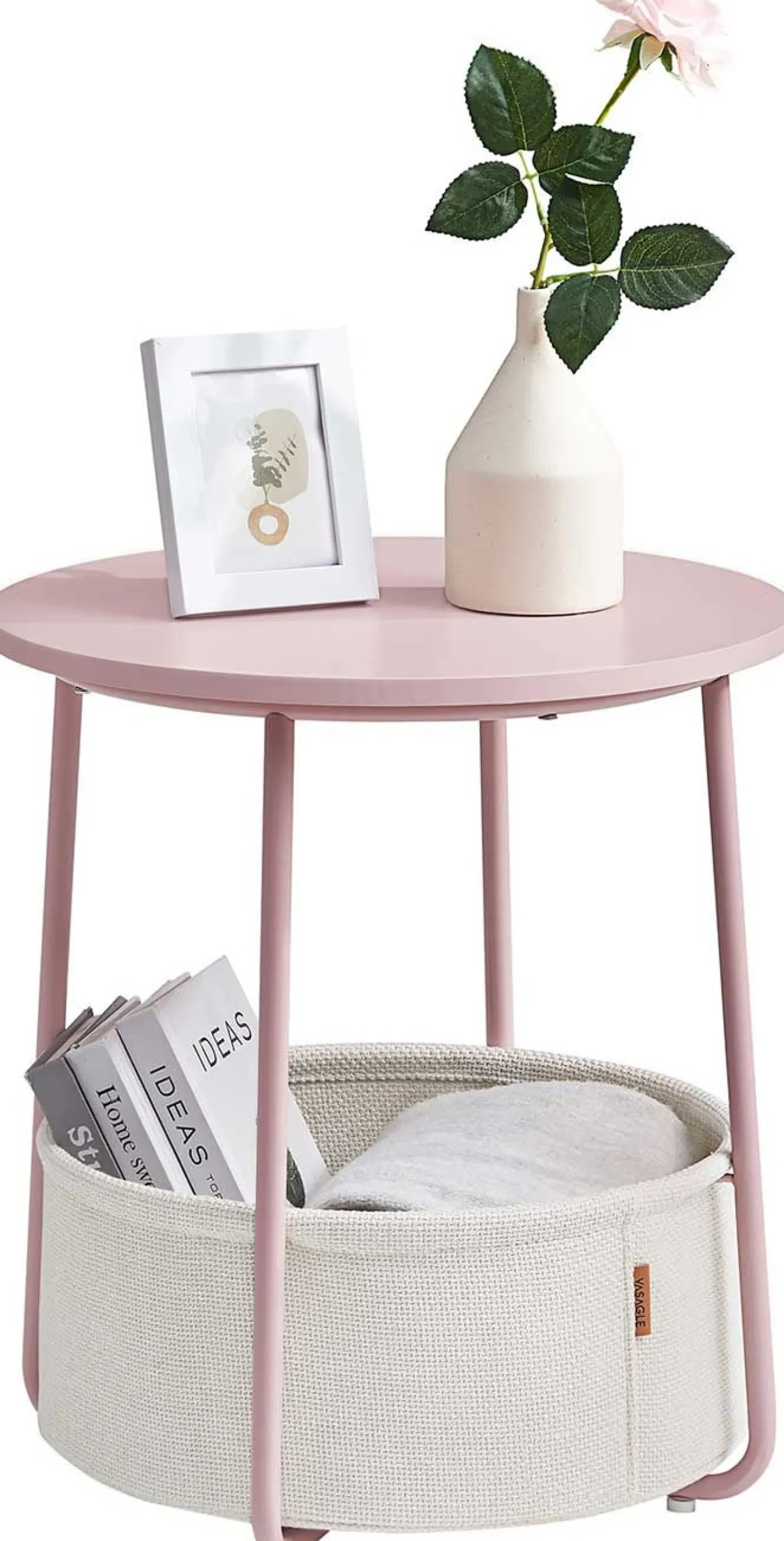 Zoë Beistelltisch mit Korb ø45cm - rosa/weiß