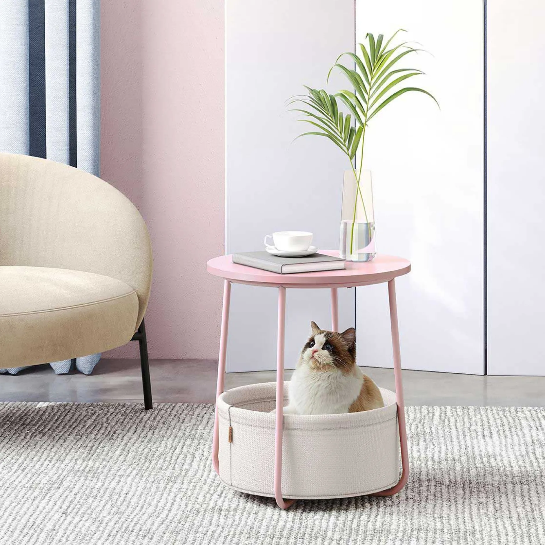 Zoë Beistelltisch mit Korb ø45cm - rosa/weiß