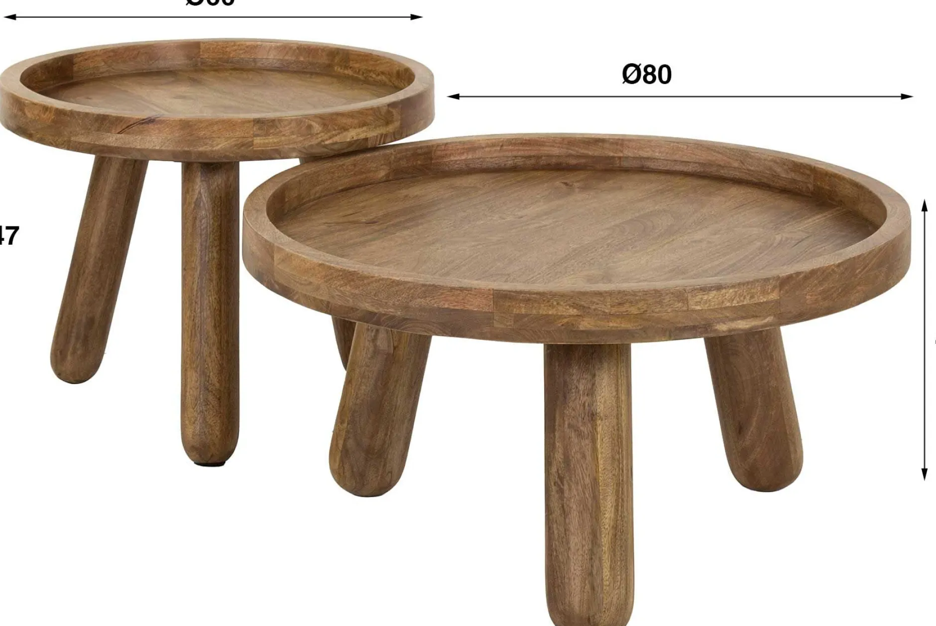 Zweistöckiges Mangoholz-Dreibein-Couchtisch-Set in Sand